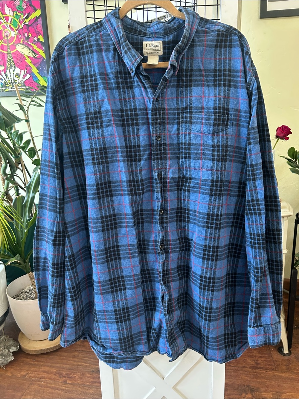L.L. Bean Men's Blue and Black Plaid Button-Down Shirt